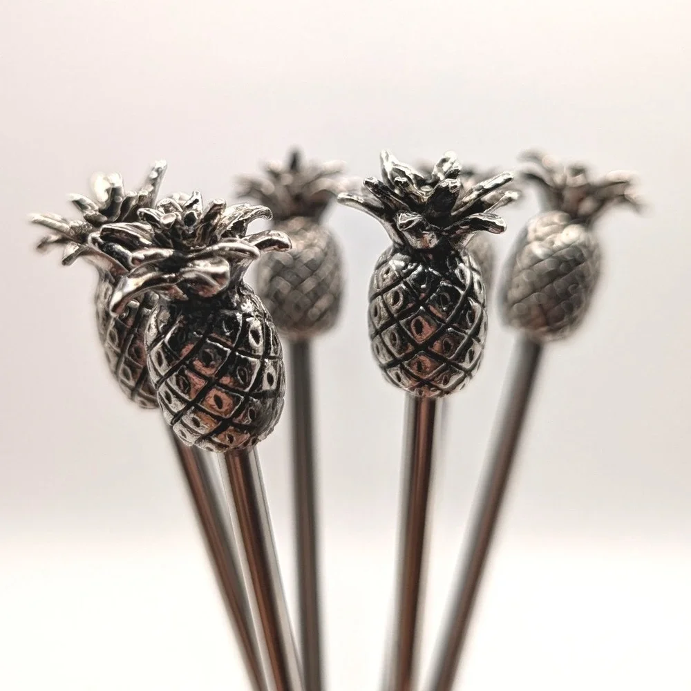 Pineapple Cocktail Stirrers Silver Tone Tiki Metal Swizzle Sticks Set of 6